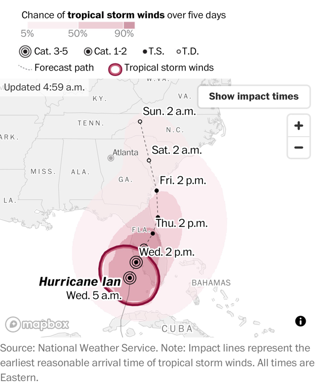 US country map showing Florida and another projected path of Hurricane Ian