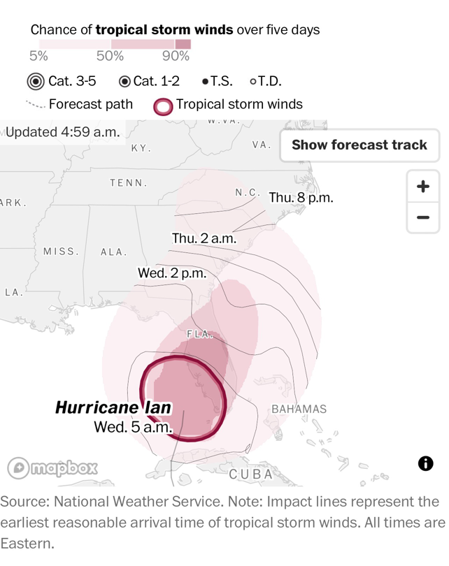 US country map showing Florida and one projected path of Hurricane Ian