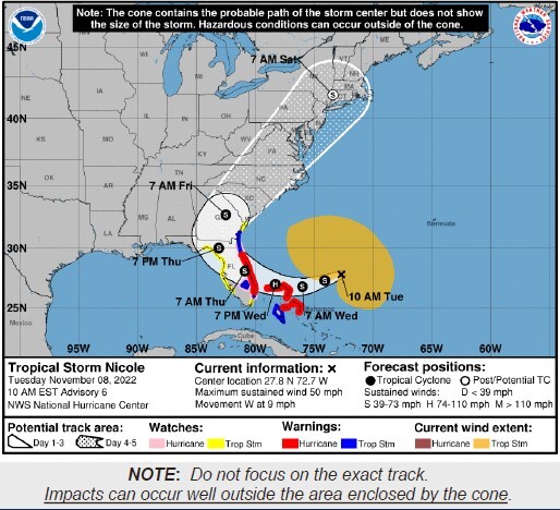 track for tropical storm Nicole as of 11/8/22, moving thru Florida